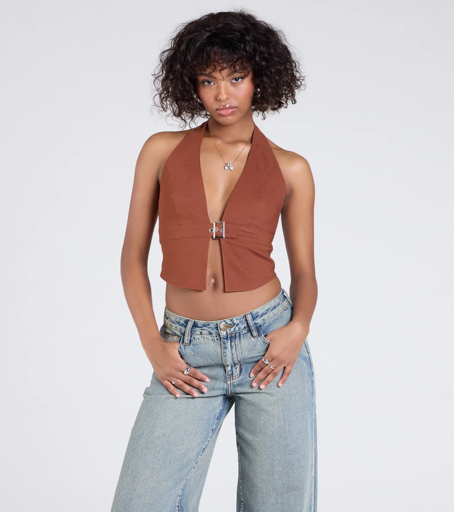 Sultry Trend Buckle Strap Halter Crop Top