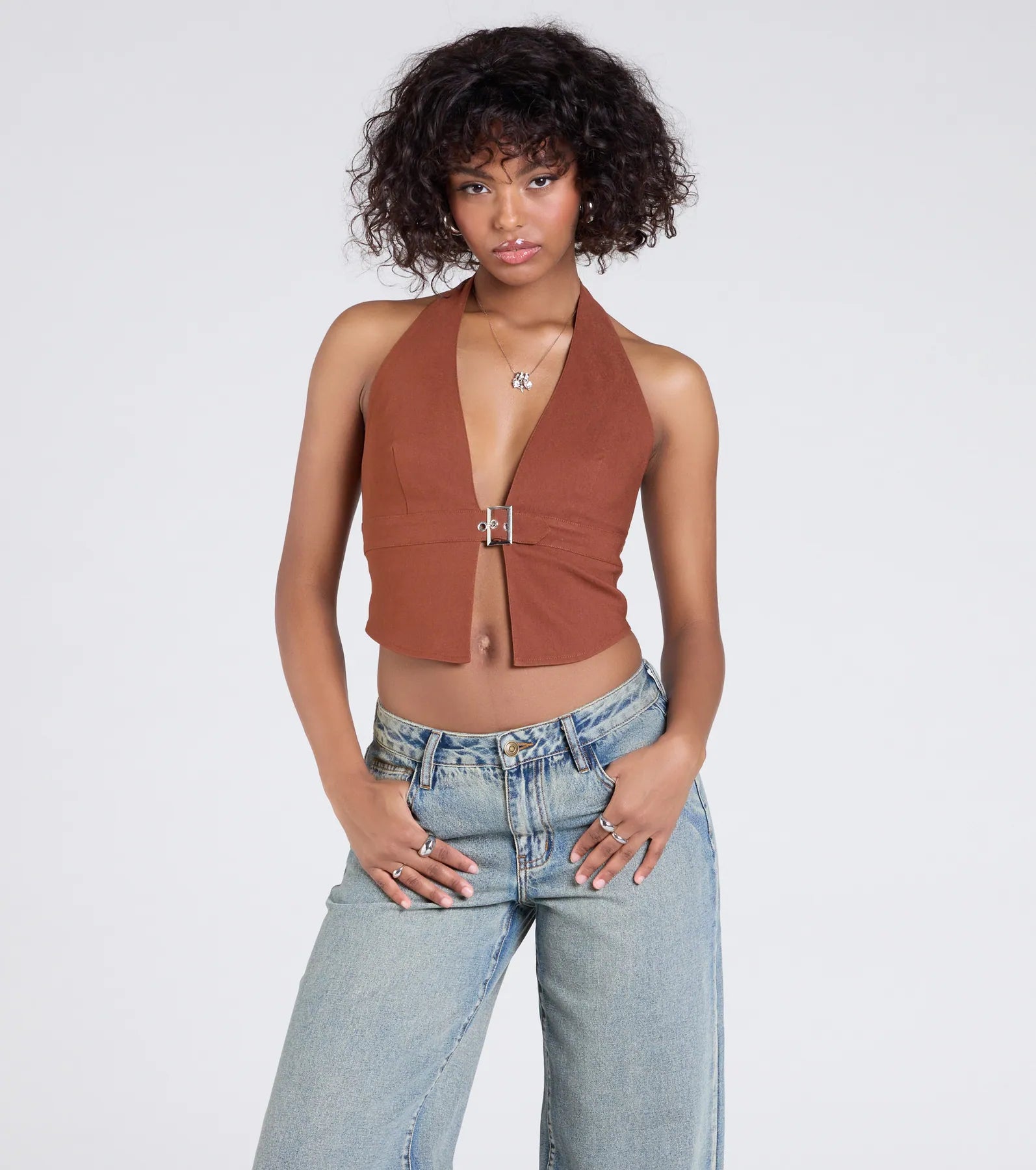 Sultry Trend Buckle Strap Halter Crop Top