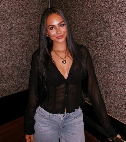 Sheer To Be Seen Smocked Back Chiffon Button Top