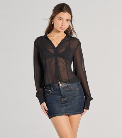 Sheer To Be Seen Smocked Back Chiffon Button Top