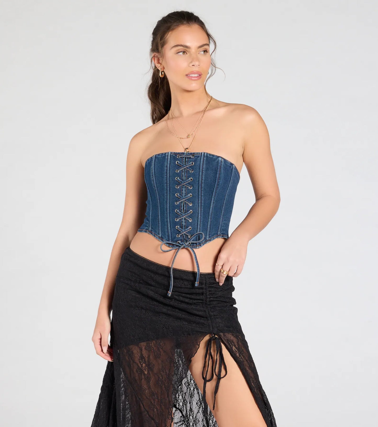 Trendy Style Lace-Up Denim Corset Top