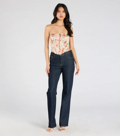 Floral Aesthetic Lace-Up Satin Corset Top