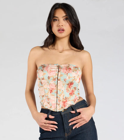 Floral Aesthetic Lace-Up Satin Corset Top