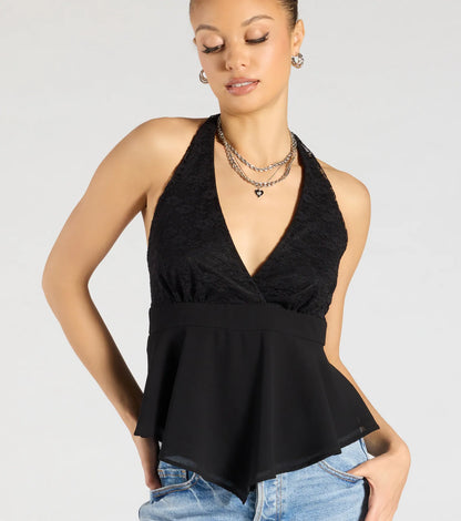Chic Flowy Lace Chiffon Halter Top