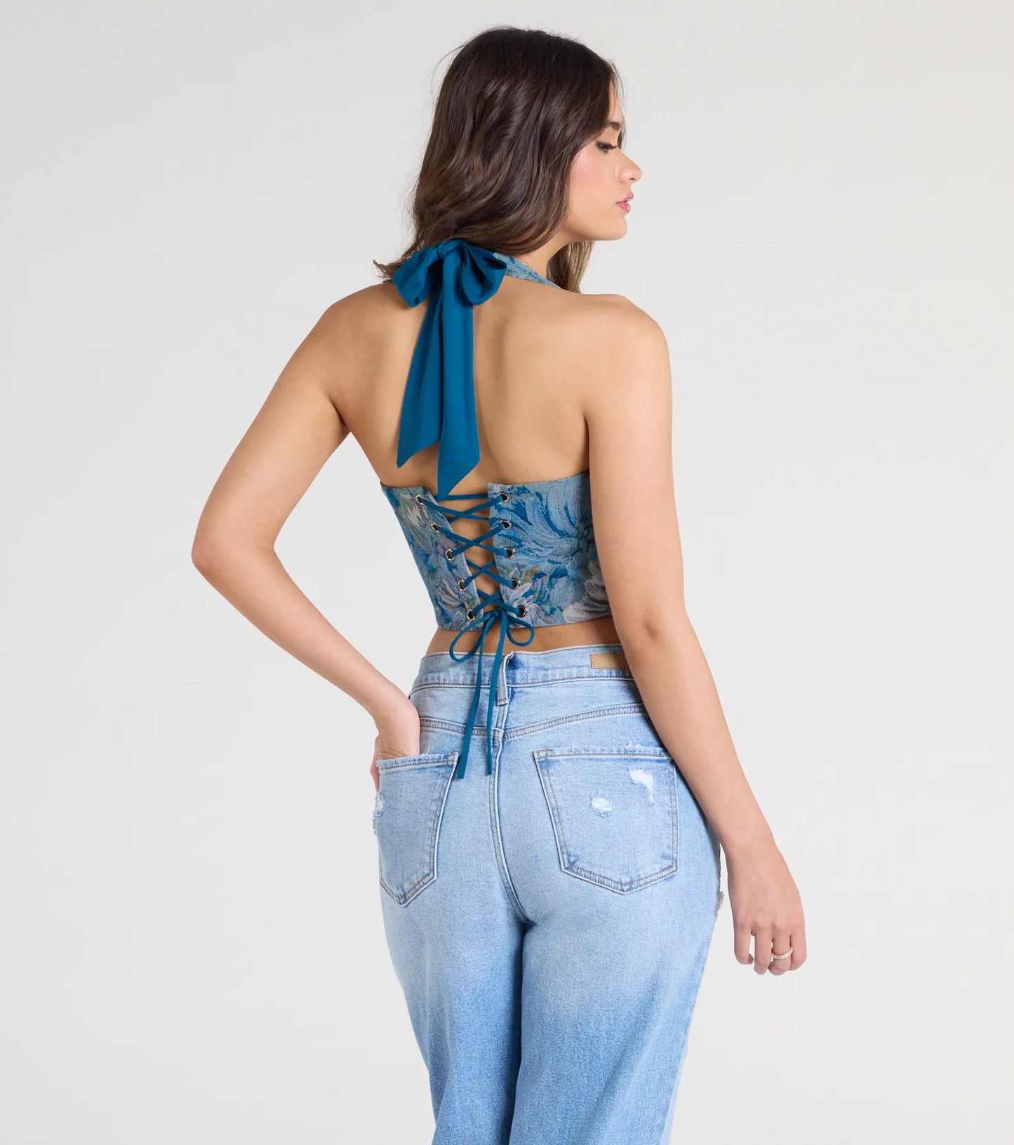 Day By Day Halter Lace-Up Tapestry Corset Top