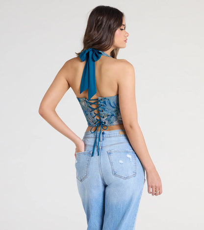 Day By Day Halter Lace-Up Tapestry Corset Top