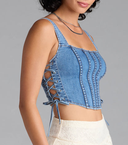 Popular Icon Lace-Up Denim Corset Top