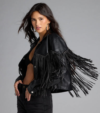 Cause A Scene Stud Fringe Faux Leather Shacket