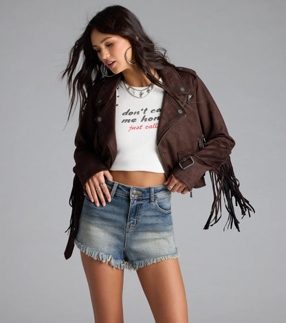 Stylish Out West Faux Suede Fringe Moto Jacket