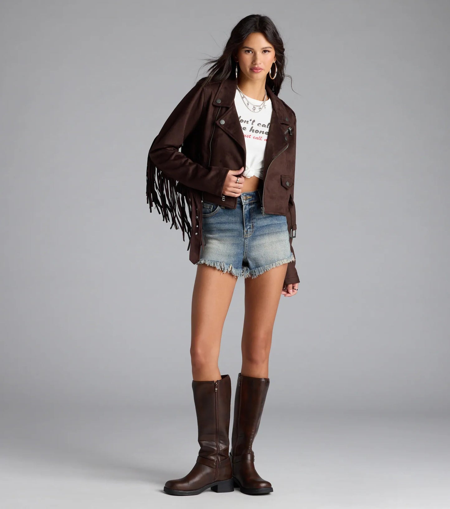 Stylish Out West Faux Suede Fringe Moto Jacket
