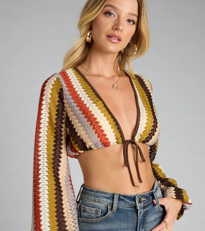 Coastal Crush Striped Crochet Tie-Front Crop Top