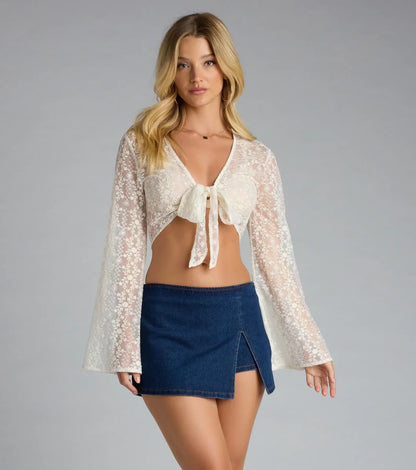 Sweetly Sheer Lace Tie Front Crop Top