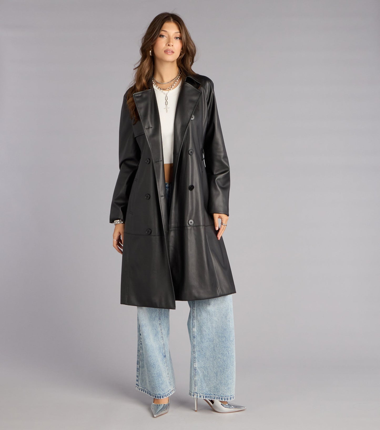 Iconic Muse Faux Leather Belted Trench Coat