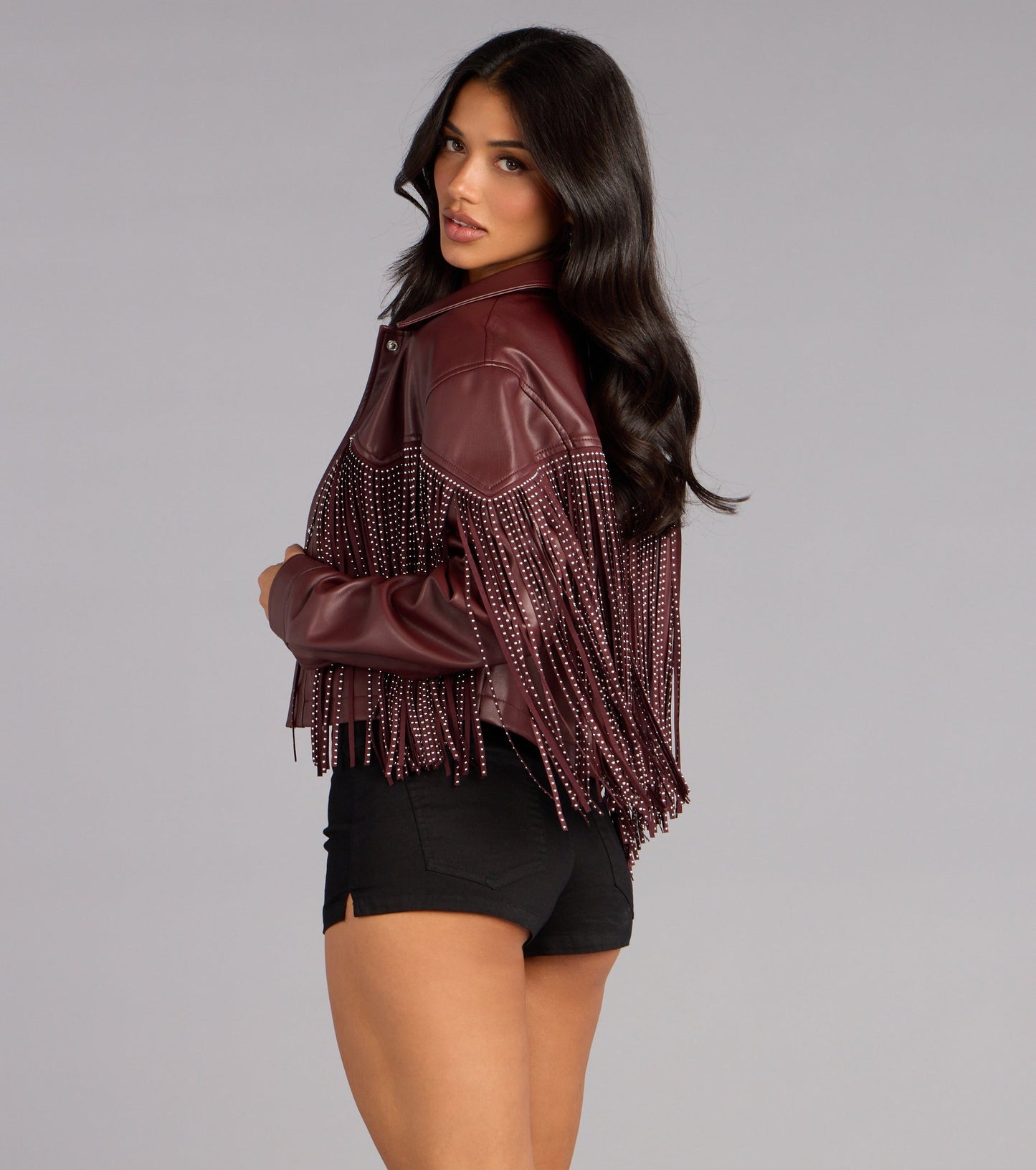 Cause A Scene Stud Fringe Faux Leather Shacket