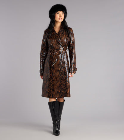Bite Back Snake Print Faux Leather Trench Coat
