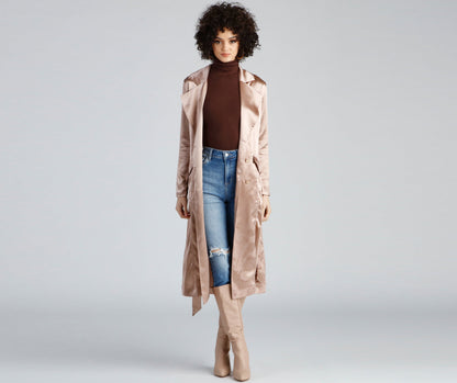 Sleek Sophistication Belted Satin Trench