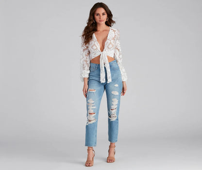 Vintage Glam Burnout Tie Front Top