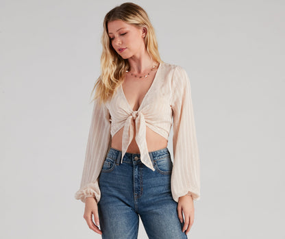 True Beau Satin Stripe Tie-Front Top