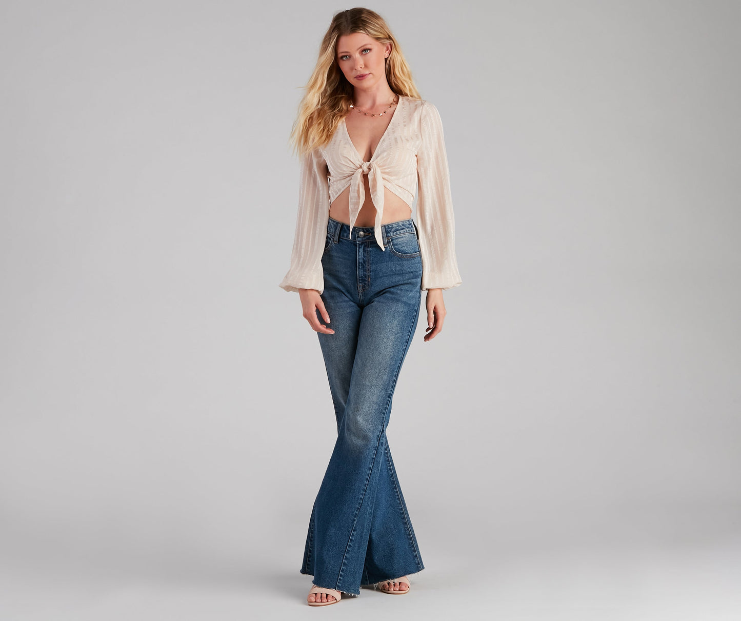 True Beau Satin Stripe Tie-Front Top