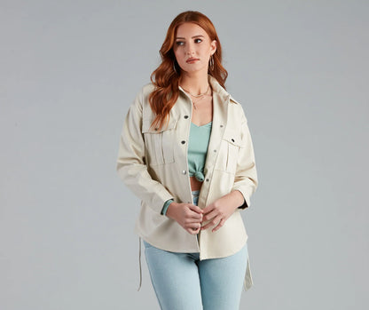 Sleek Trends Faux Leather Tie-Waist Shacket