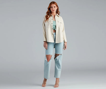 Sleek Trends Faux Leather Tie-Waist Shacket