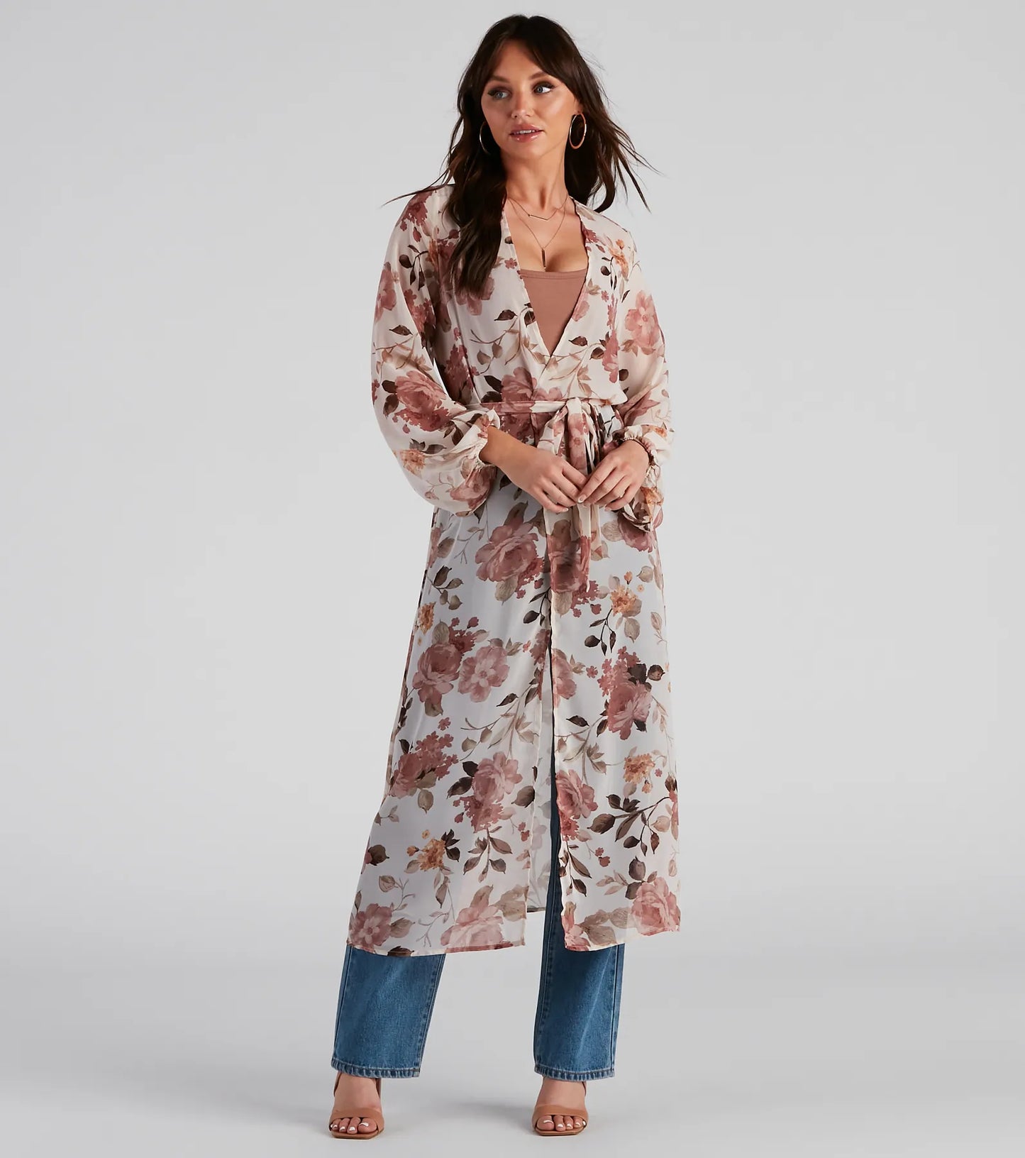Flower Field Belted Chiffon Duster