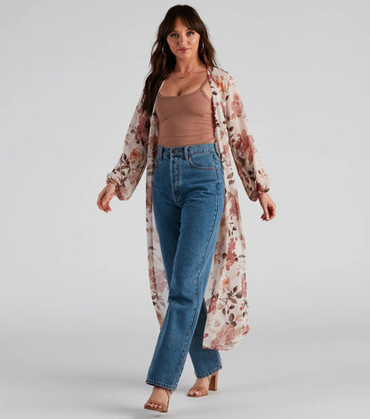 Flower Field Belted Chiffon Duster