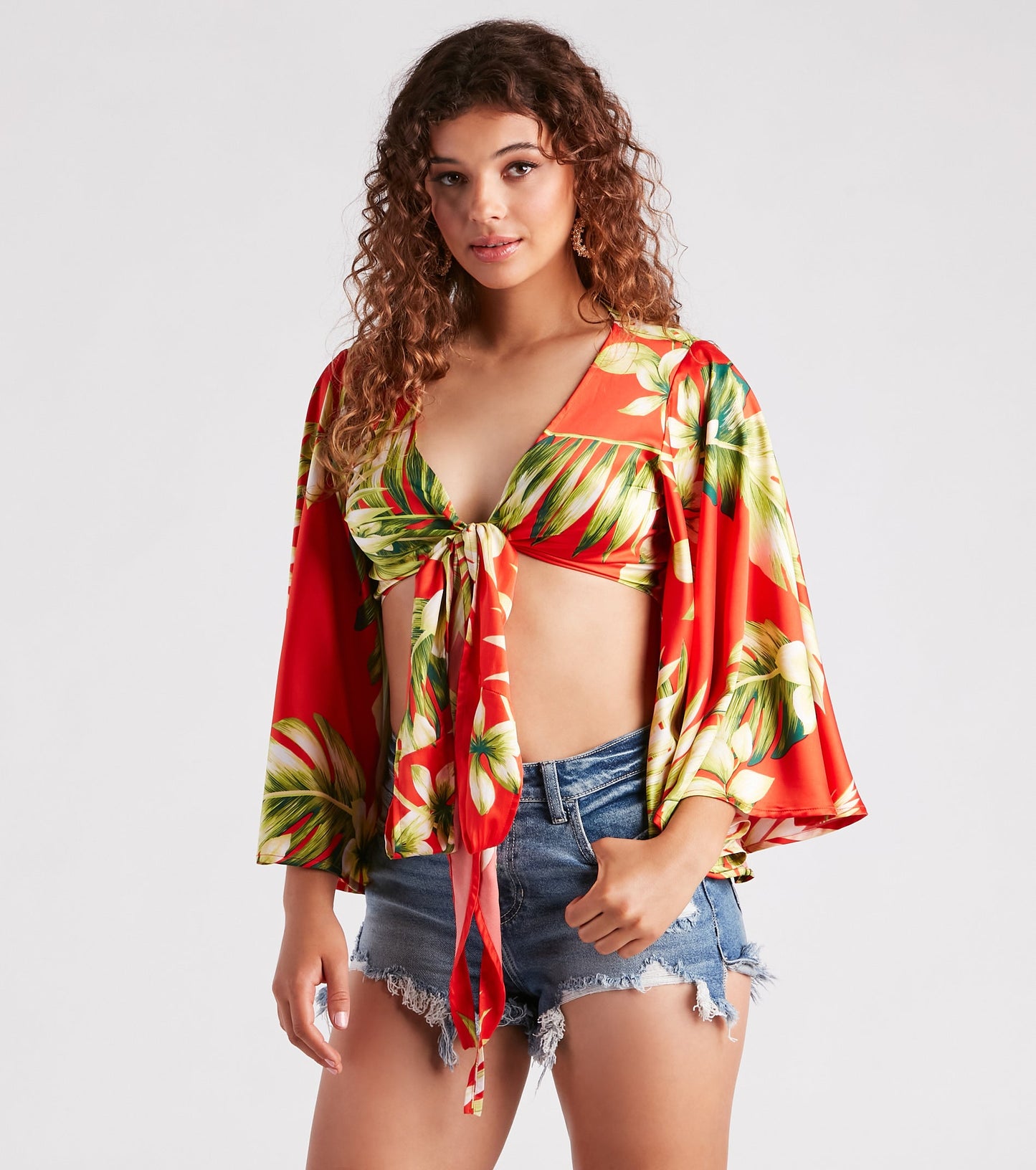 Cancun Chica Tropical Satin Tie Front Top