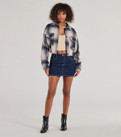 Casually Cozy Plaid Woven Cropped Shacket