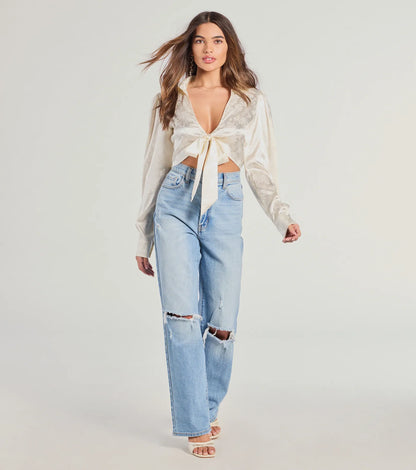 Luxe Demure Tie-Front Satin Crop Top