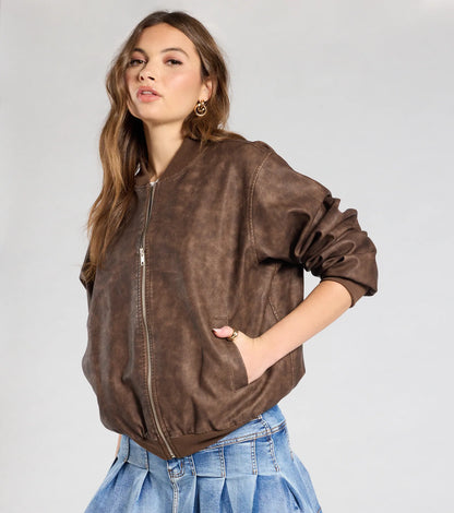 Edgy Cutie Distressed Faux Leather Bomber Jacket