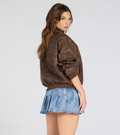 Edgy Cutie Distressed Faux Leather Bomber Jacket