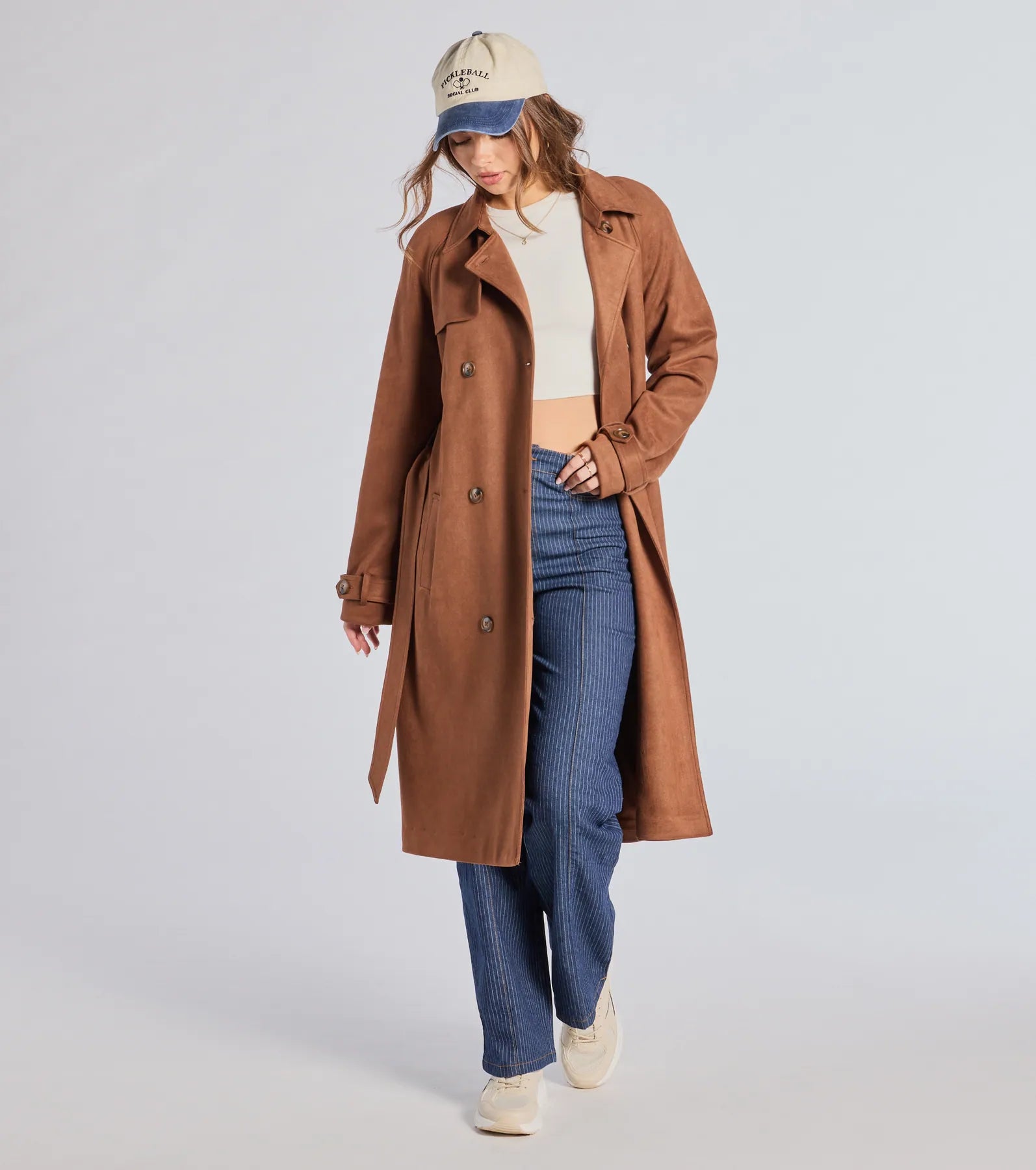 City In Style Belted Faux Suede Trench Coat