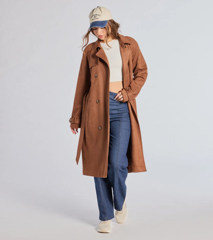 City In Style Belted Faux Suede Trench Coat