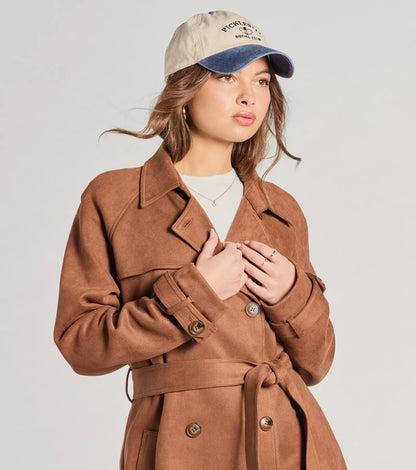 City In Style Belted Faux Suede Trench Coat