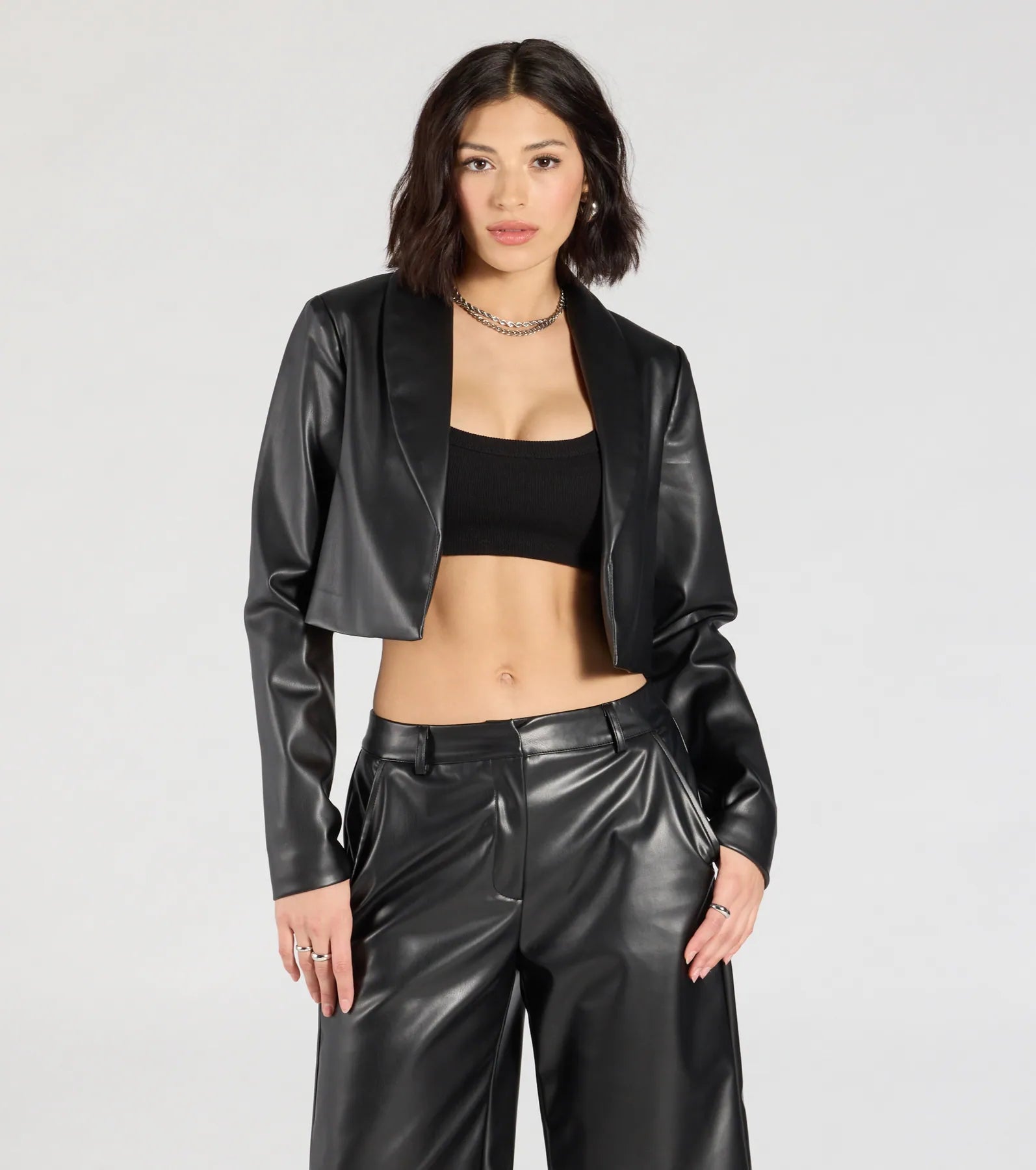Chic Layer Faux Leather Cropped Blazer