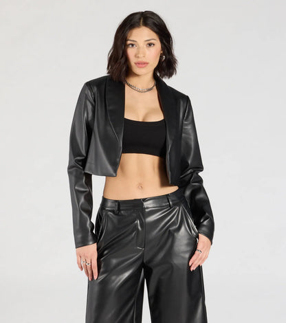 Chic Layer Faux Leather Cropped Blazer