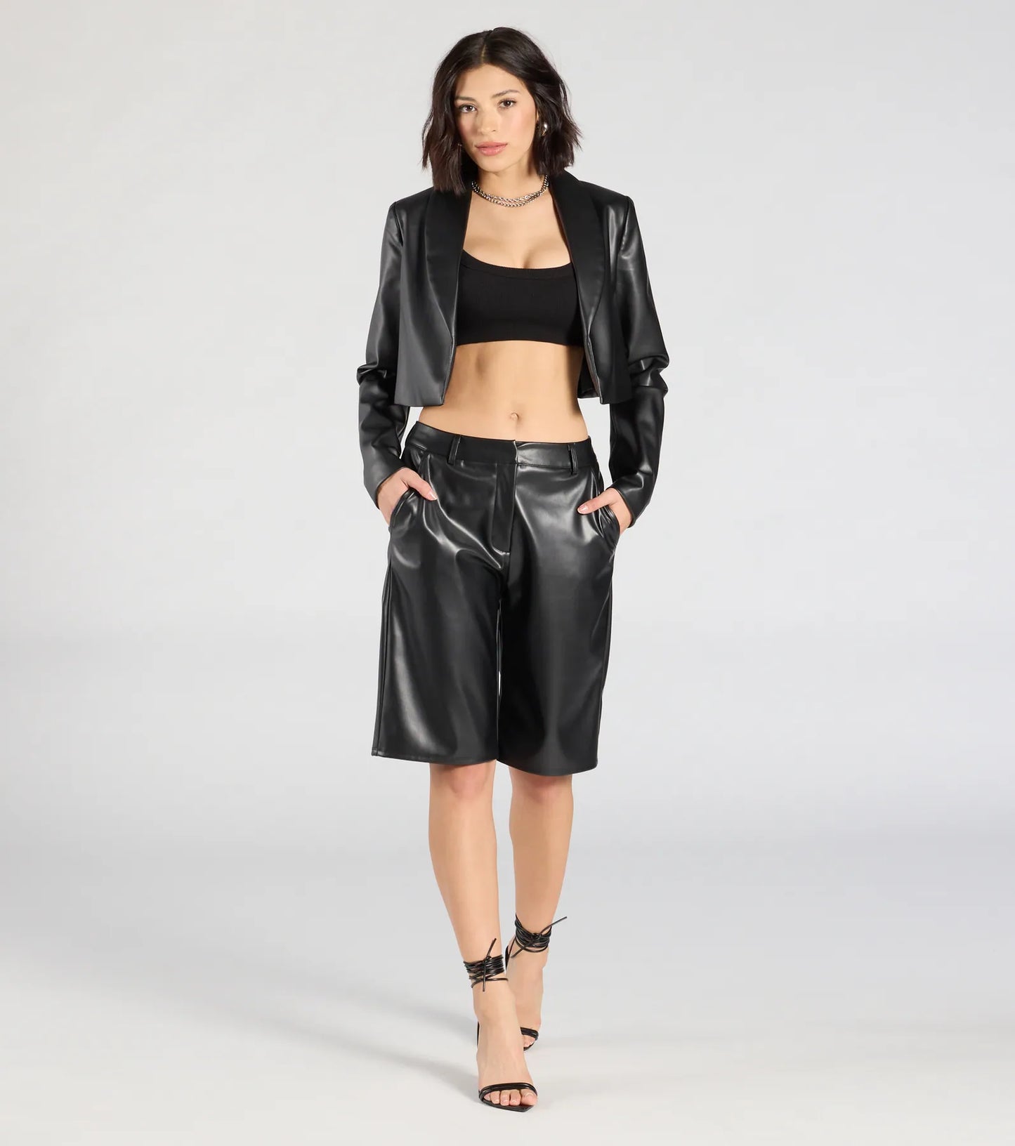 Chic Layer Faux Leather Cropped Blazer