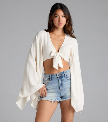 Bring The Drama Bell Sleeve Tie Front Crop Top