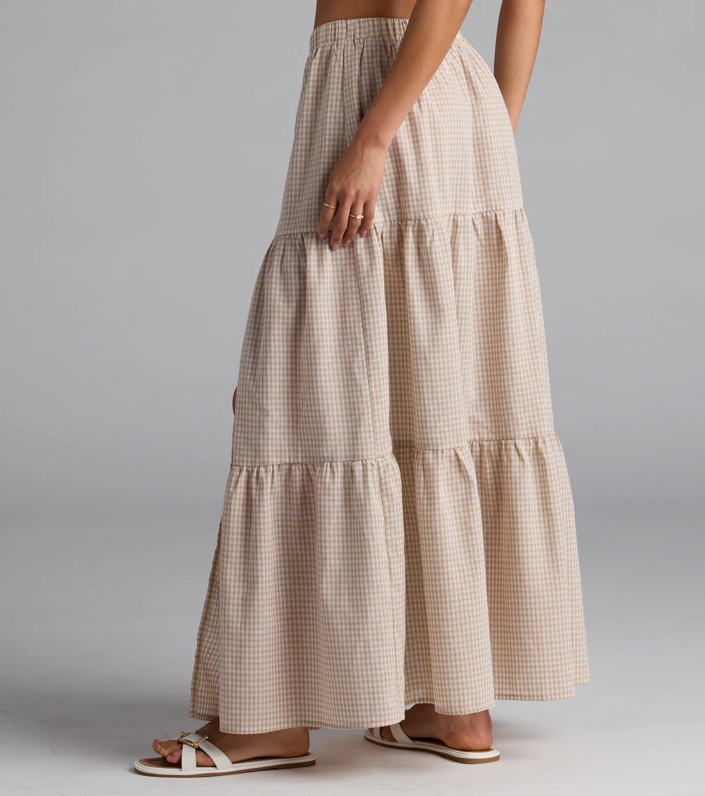 Vintage Charm Gingham Slit Peasant Maxi Skirt