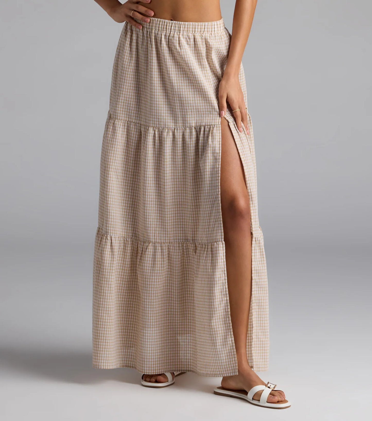 Vintage Charm Gingham Slit Peasant Maxi Skirt