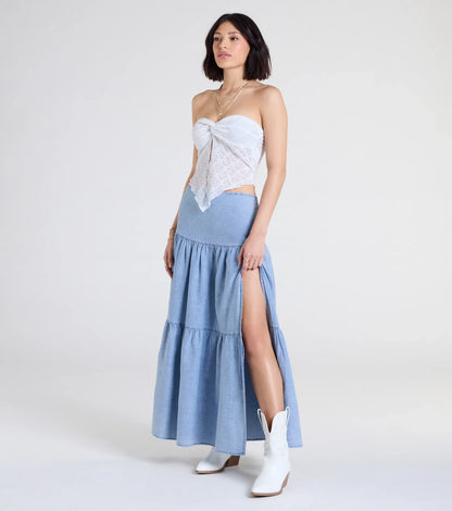 Western Cutie Tiered Chambray Maxi Skirt