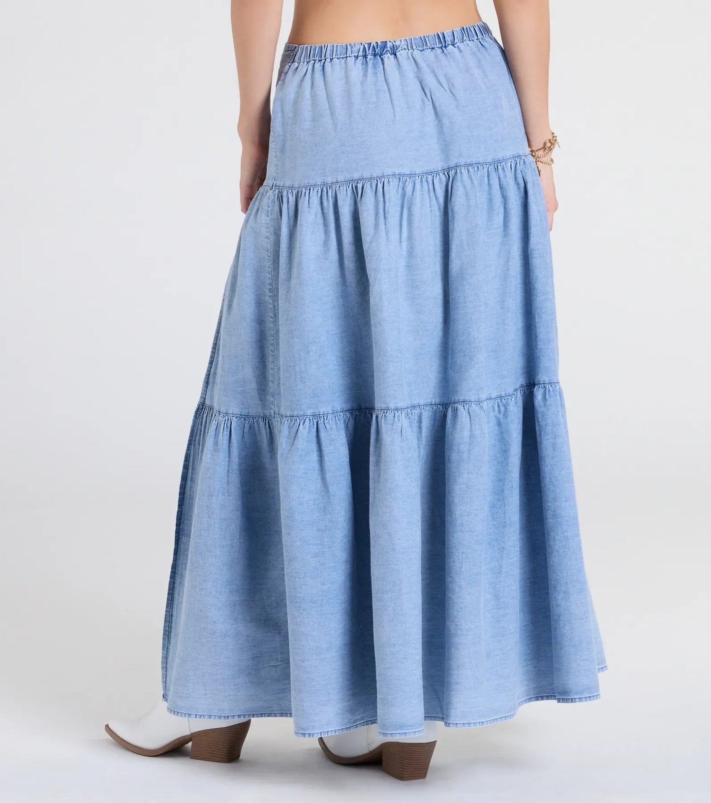 Western Cutie Tiered Chambray Maxi Skirt