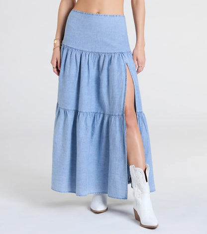 Western Cutie Tiered Chambray Maxi Skirt