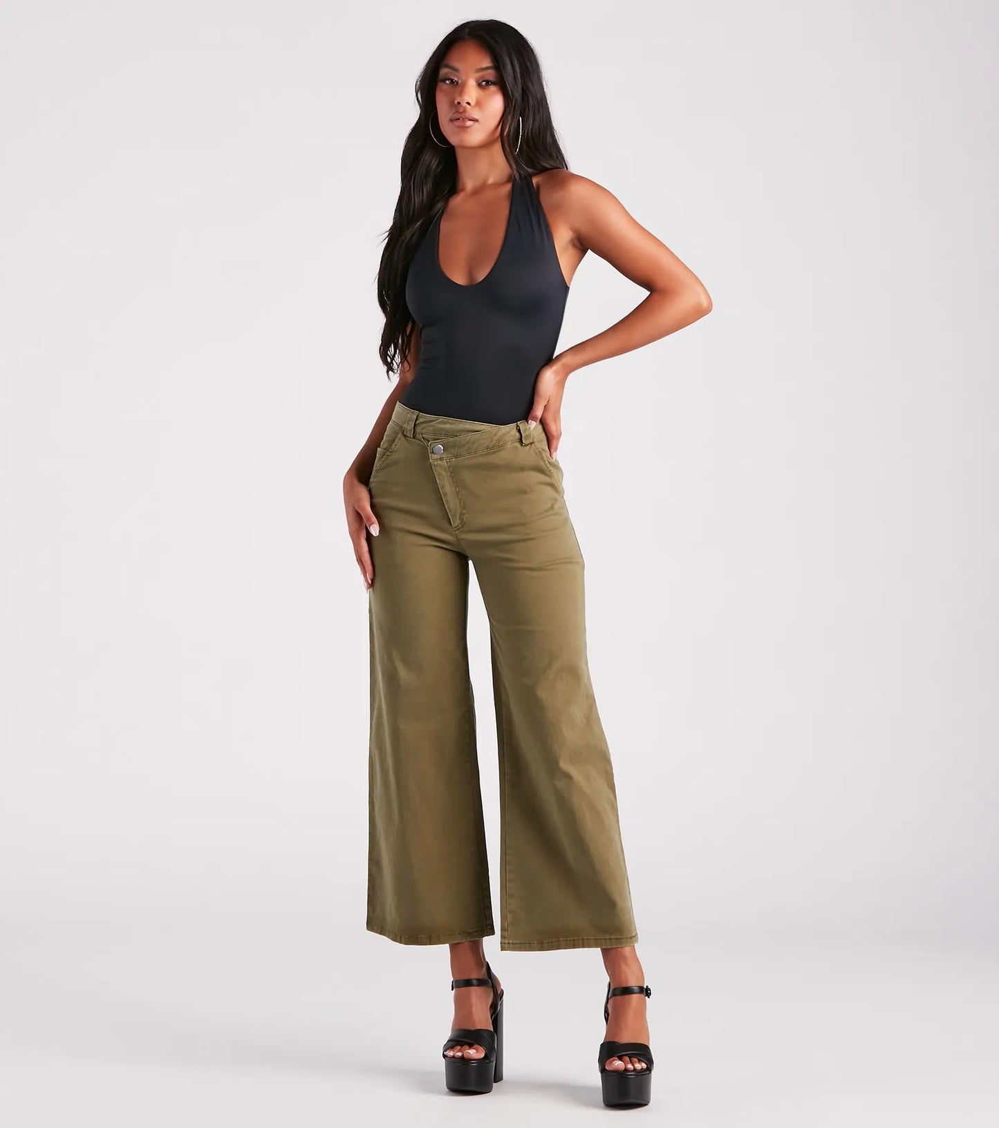 On A Curve Asymmetrical Waist Wide-Leg Pants