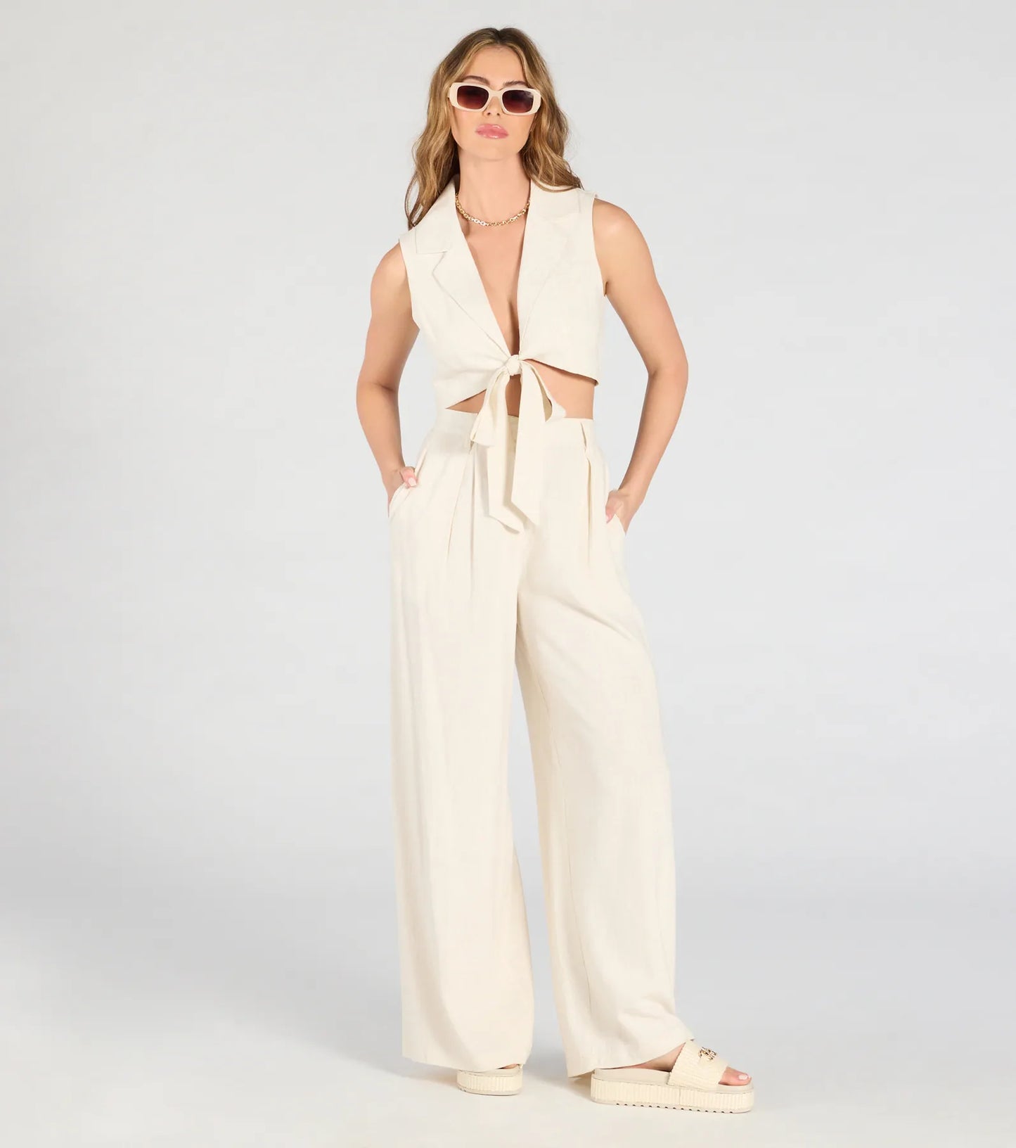 Beachy Chic Wide-Leg Trouser Pants With Linen