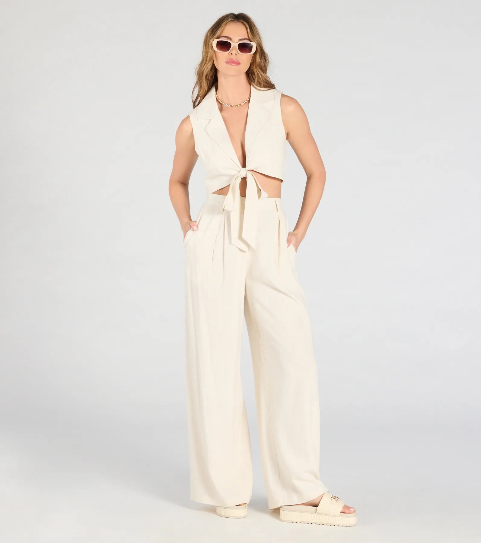 Beachy Chic Wide-Leg Trouser Pants With Linen