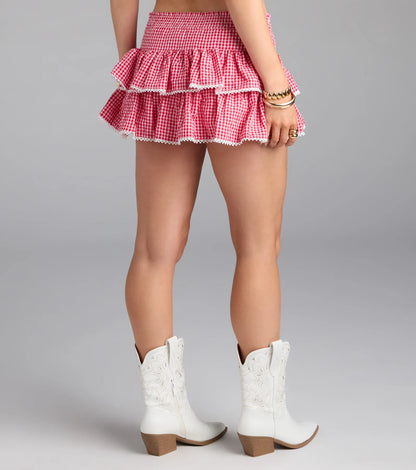 Flirtatious Vibe Gingham Ruffled Mini Skort