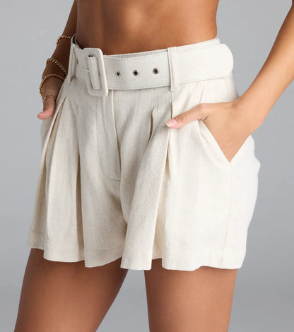 Looking Chic Belted Trouser Shorts With Linen