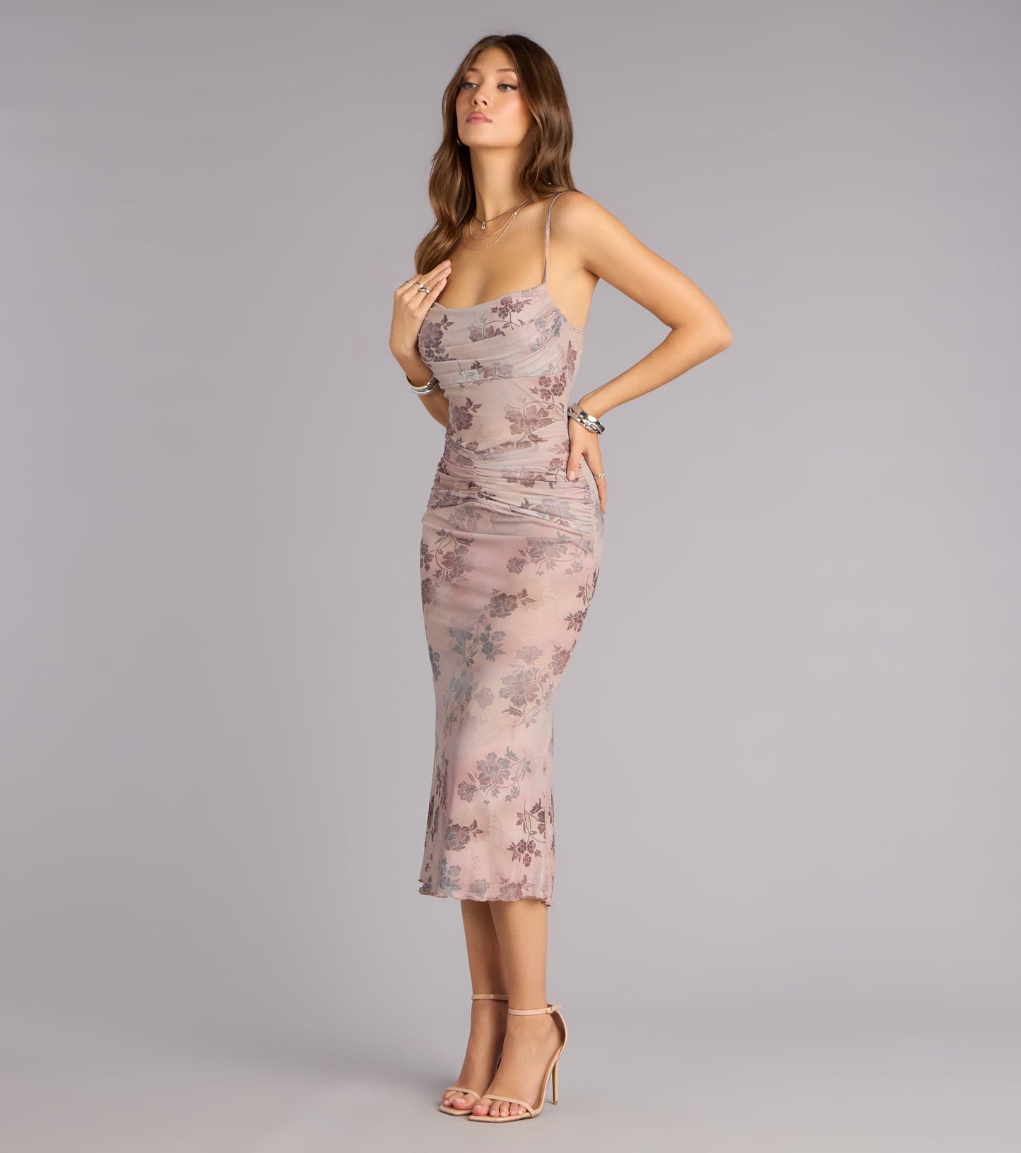Sweetly Sculpted Floral Mesh Midi Dress